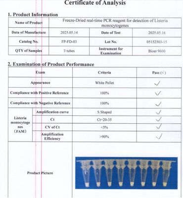 Chất phản ứng phát hiện PCR thời gian thực đông khô để phát hiện nhạy cao Listeria monocytogenes mà không cần chuỗi lạnh